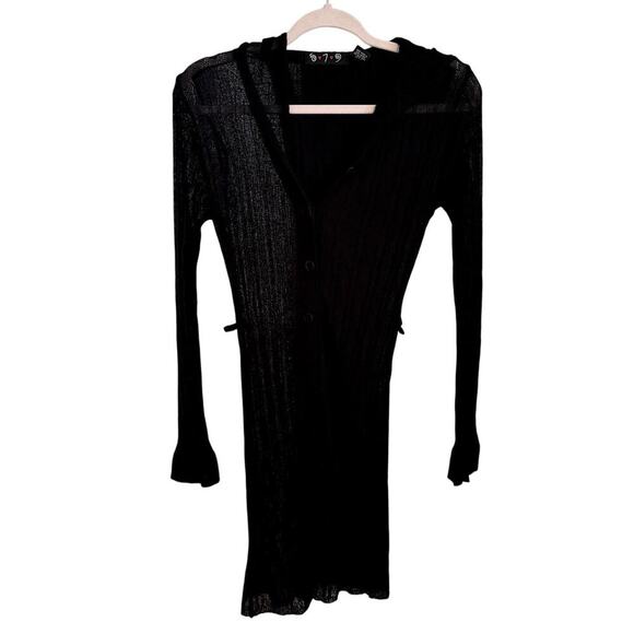 VTG Y2K 5.7.9 Black Duster Hooded Cardigan Women's Size Medium - Picture 1 of 3